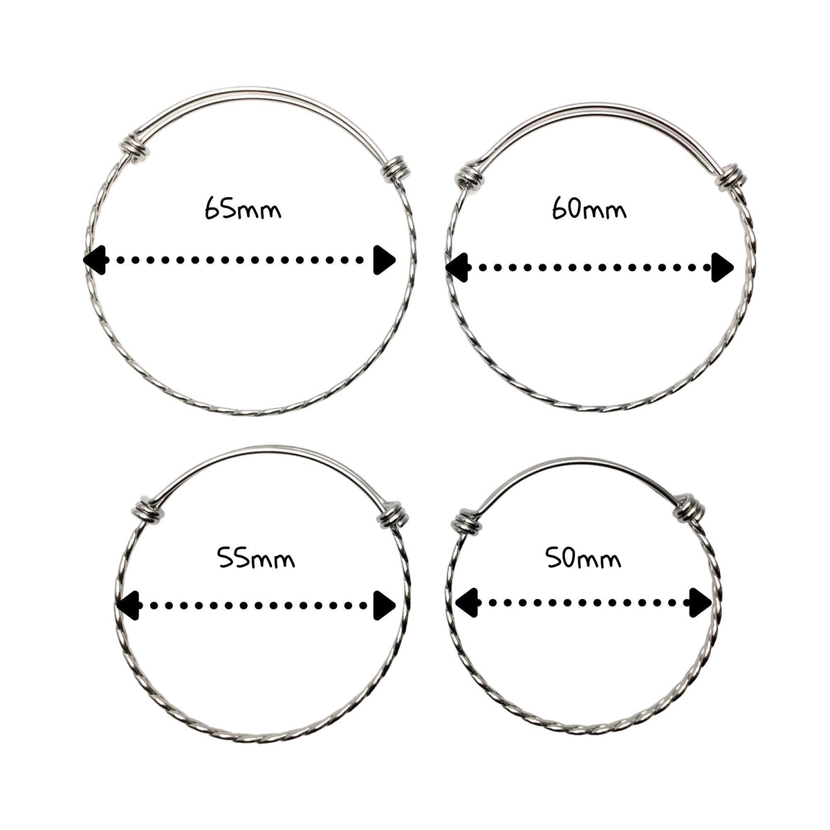 Bulk 50pcs 3.5mm Braided Stainless Steel Adjustable Blank Bangle Bracelet, Heavy Duty Waterproof Stackable Bangles Wholesale Supplies