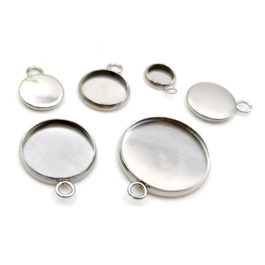 100pcs Stainless Steel 316L Stud Charm Round Bezel Setting Blanks DIY Necklace Pendant Jewelry Findings 6mm to 30mm