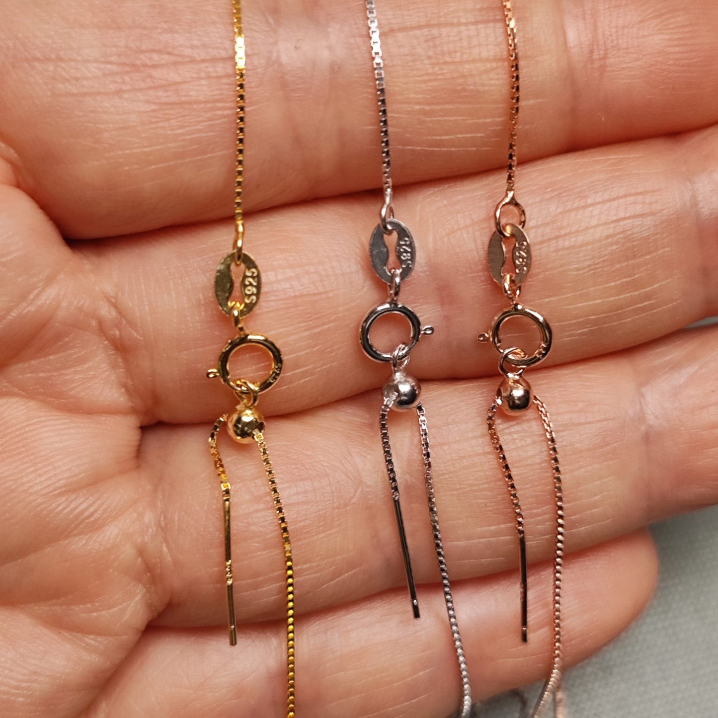 Solid 925 Sterling Silver Adjustable Box Chain Necklace with Pin End for Adding Beads, Tarnish Resistant Slider Chain Wholesale