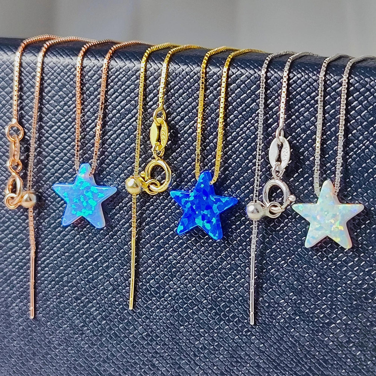 Opal Star Necklace Fire Opal Star Charm Pendant Sterling Silver Box Necklace White, Blue, Dark Blue Options