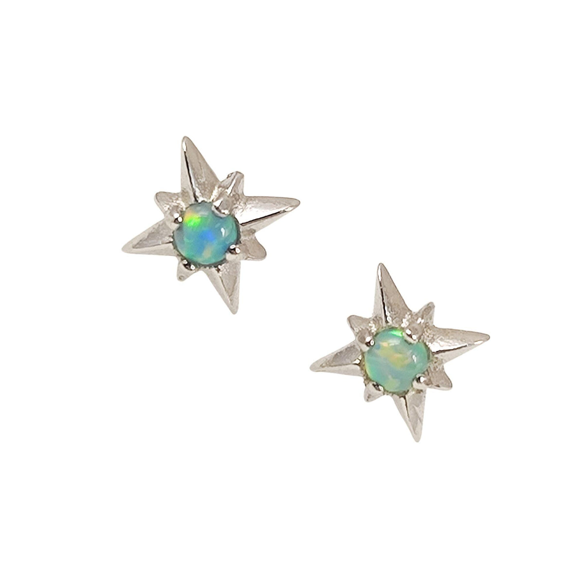 Delicate Starburst Opal Stone Sterling Silver Stud Earrings, Tiny Opal Small North Pole Star Earrings, Celestial Jewelry, Sunburst Earrings