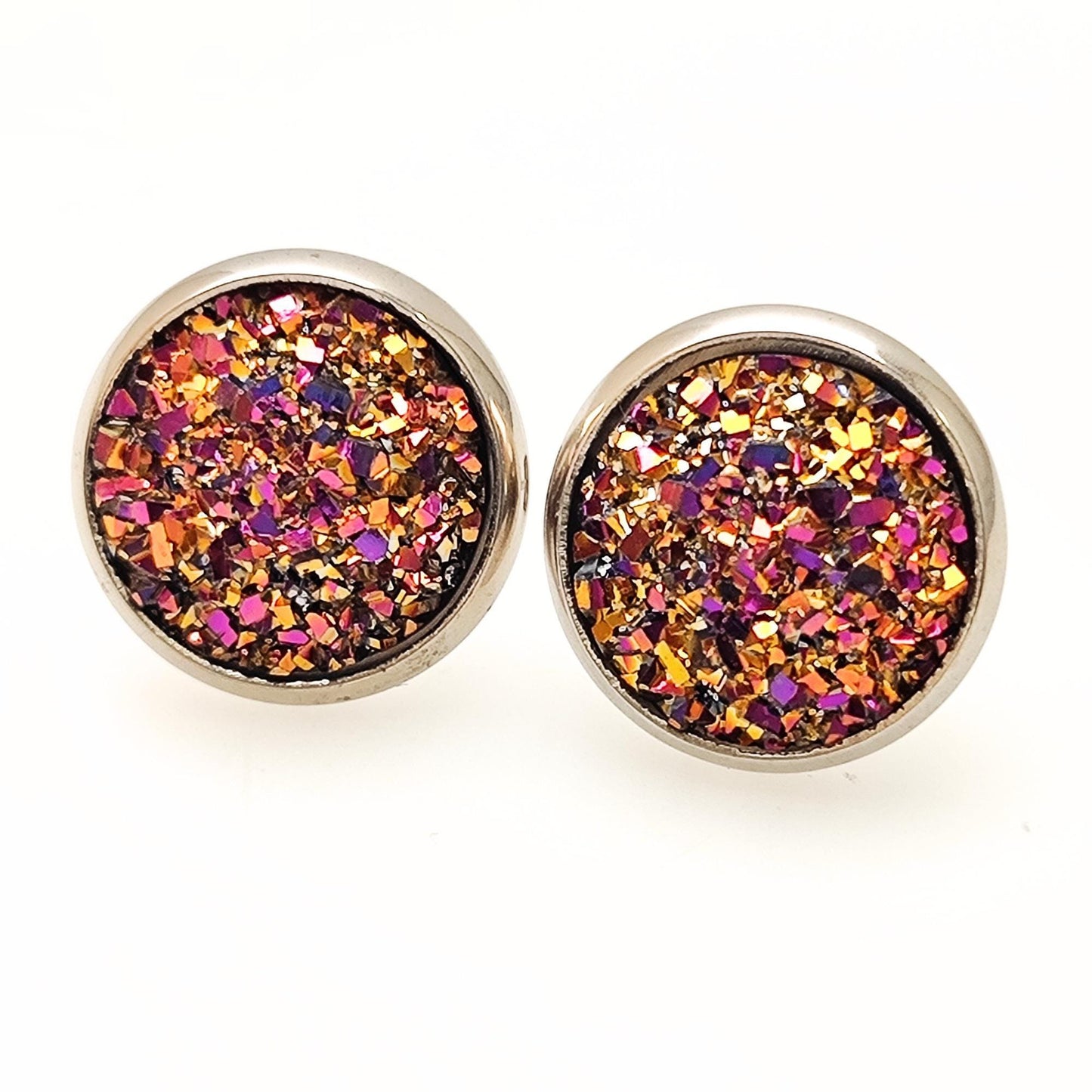Stainless Steel Druzy Stud Earrings, Hypoallergenic, 12mm