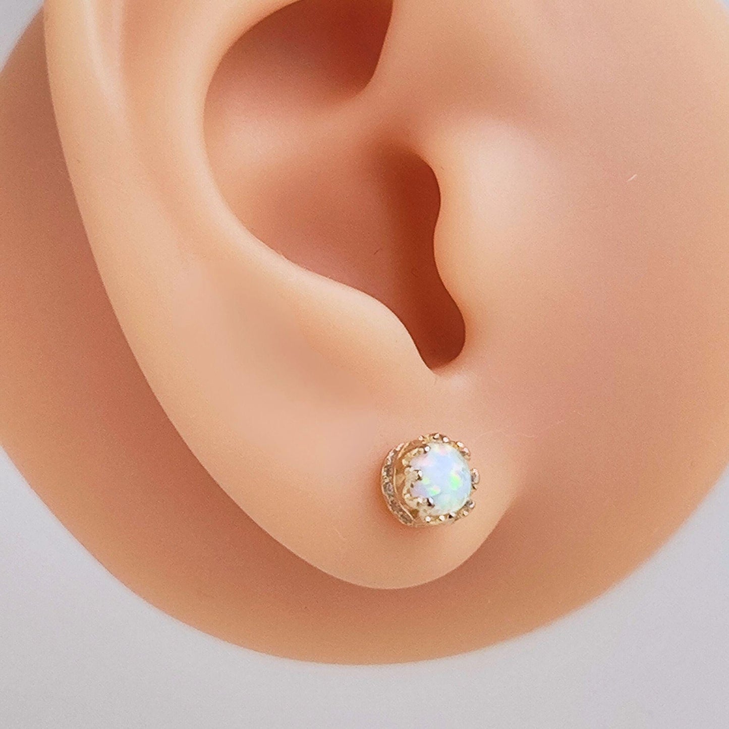 14K Gold Plated Sterling Silver Opal Round Stud Earrings Crown Rim Setting Gold Plated Opal Earrings