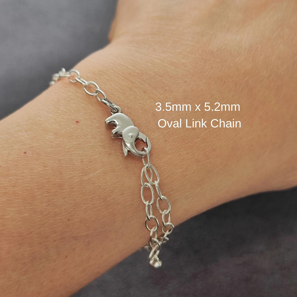 Sterling Silver Adorable Elephant Push in Spring Clasp Oval Chain Bracelet Lobster Clasp Bracelet Gift for Her 20 cm long