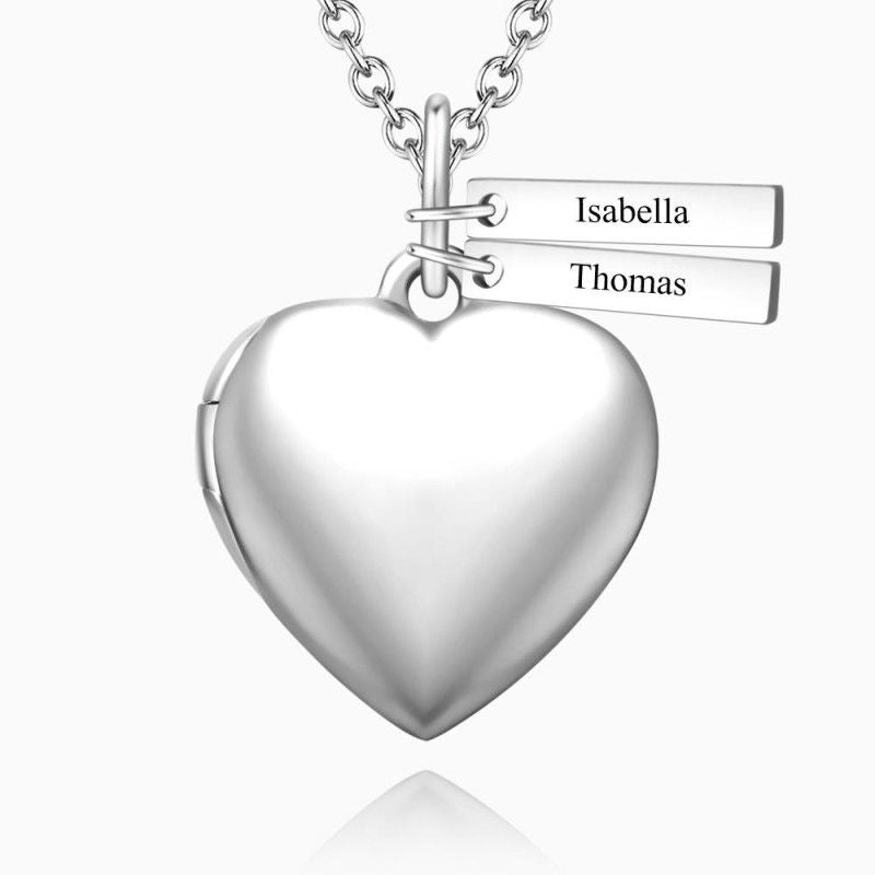 Heart Photo Locket Necklace With Two Engraved Bars Platinum Plated