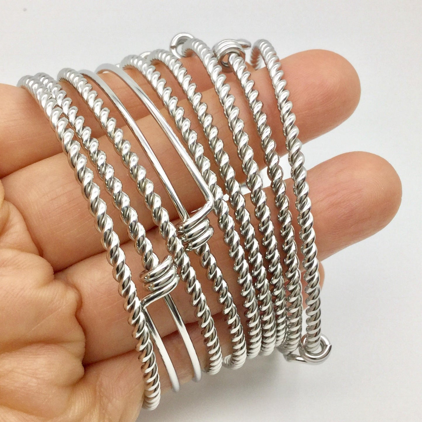 Bulk Lot 50pcs 3D Rope Style TWISTED Stainless Steel Adjustable Wire Bangle Bracelet 3 Loops Wrap Silver Tone