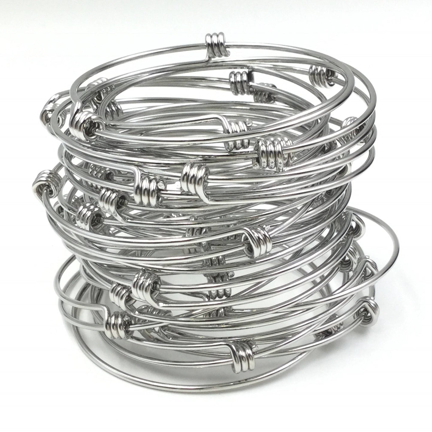 Bulk Lot 50 pcs Stainless Steel Adjustable Wire Bangle Bracelet 3 Loops Wrap Silver Tone 65mm for Large Wrist Size
