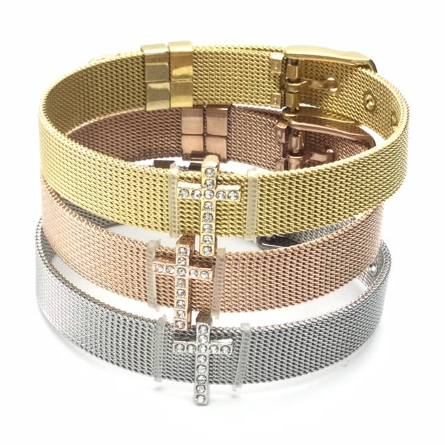 Stainless Steel Mesh Adjustable Wristband Bracelet 10mm with Rhinestone Cross Slide Charms - You Pick