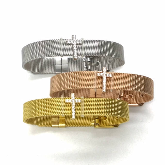Stainless Steel Mesh Adjustable Wristband Bracelet 10mm with Rhinestone Cross Slide Charms - You Pick