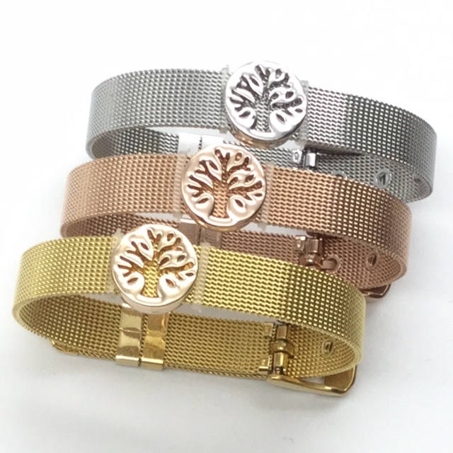 Stainless Steel Mesh Adjustable Wristband Bracelet 10mm with Filigree Tree Slide Charms - You Pick