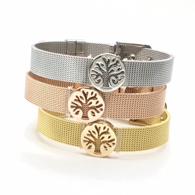 Stainless Steel Mesh Adjustable Wristband Bracelet 10mm with Filigree Tree Slide Charms - You Pick