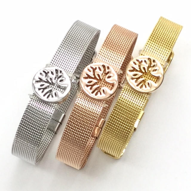 Stainless Steel Mesh Adjustable Wristband Bracelet 10mm with Filigree Tree Slide Charms - You Pick