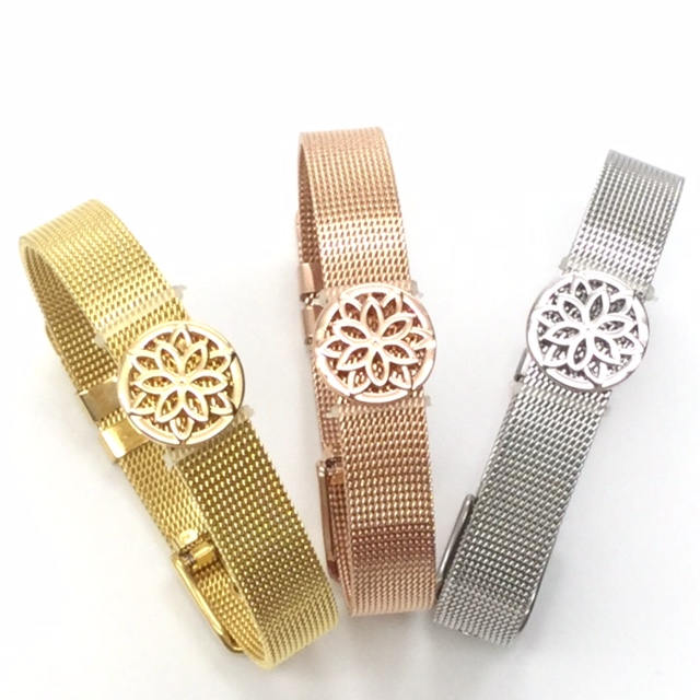 Stainless Steel Mesh Adjustable Wristband Bracelet 10mm with Filigree Flower Slide Charms - You Pick