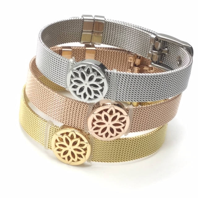Stainless Steel Mesh Adjustable Wristband Bracelet 10mm with Filigree Flower Slide Charms - You Pick