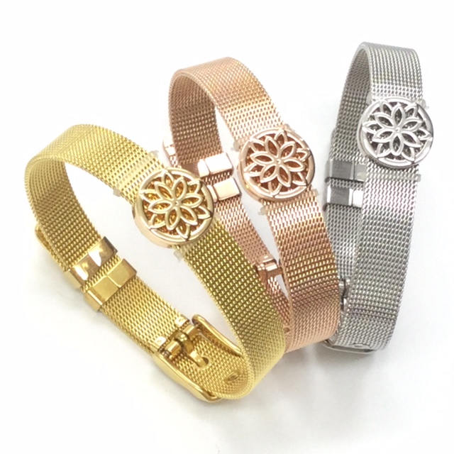 Stainless Steel Mesh Adjustable Wristband Bracelet 10mm with Filigree Flower Slide Charms - You Pick