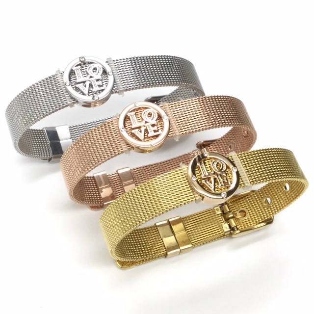 Stainless Steel Mesh Adjustable Wristband Bracelet 10mm with Filigree LOVE in Rhinestones Ring Slide Charms - You Pick