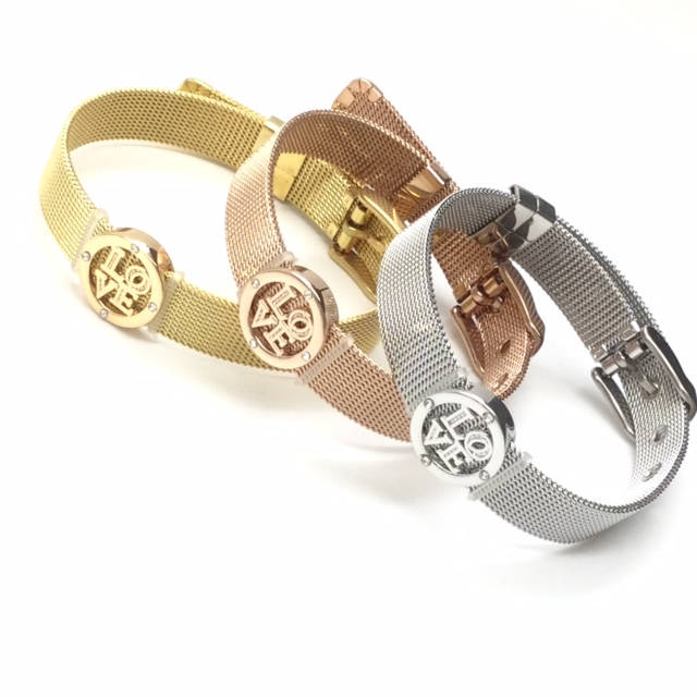 Stainless Steel Mesh Adjustable Wristband Bracelet 10mm with Filigree LOVE in Rhinestones Ring Slide Charms - You Pick