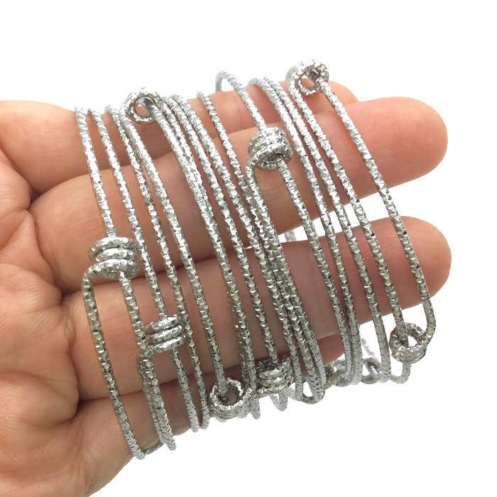 Bulk Lot 50 pcs Stainless Steel Engraved Glitter Mark Adjustable Wire Bangle Bracelet 3 Loops Wrap Silver Tone