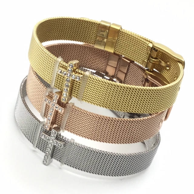 Stainless Steel Mesh Adjustable Wristband Bracelet 10mm with Rhinestone Cross Slide Charms - You Pick