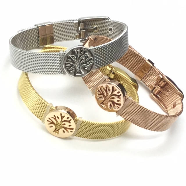 Stainless Steel Mesh Adjustable Wristband Bracelet 10mm with Filigree Tree Slide Charms - You Pick