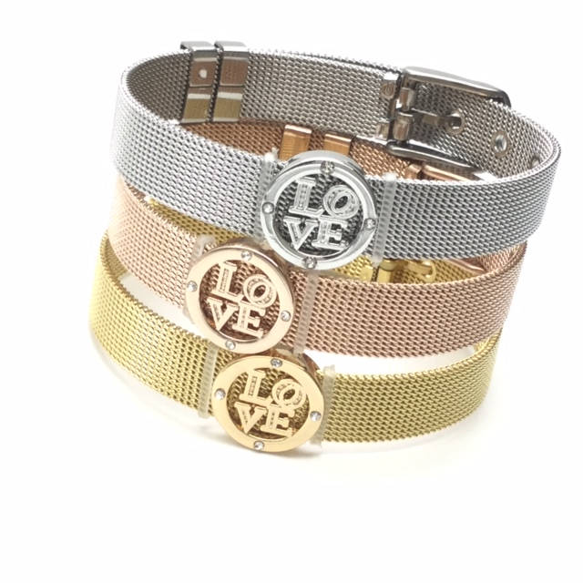 Stainless Steel Mesh Adjustable Wristband Bracelet 10mm with Filigree LOVE in Rhinestones Ring Slide Charms - You Pick