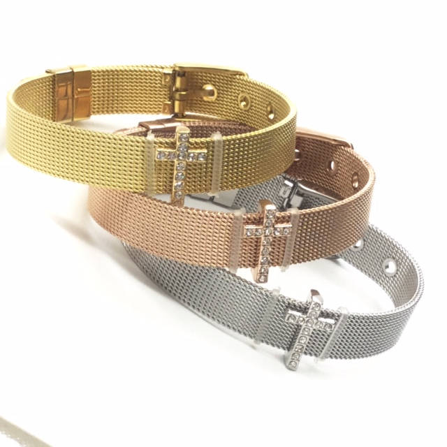 Stainless Steel Mesh Adjustable Wristband Bracelet 10mm with Rhinestone Cross Slide Charms - You Pick