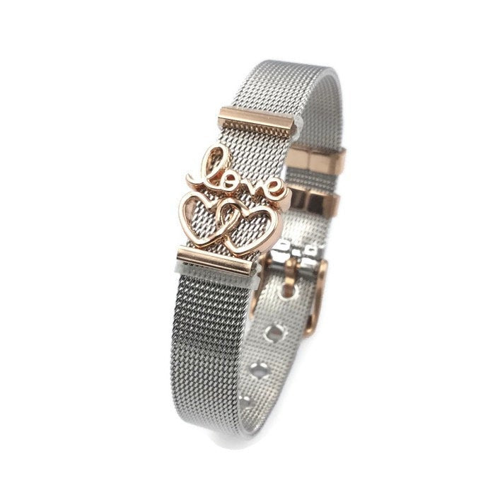 Stainless Steel Mesh Adjustable Wristband Bracelet 10mm Script Love Filigree Hearts - You Pick