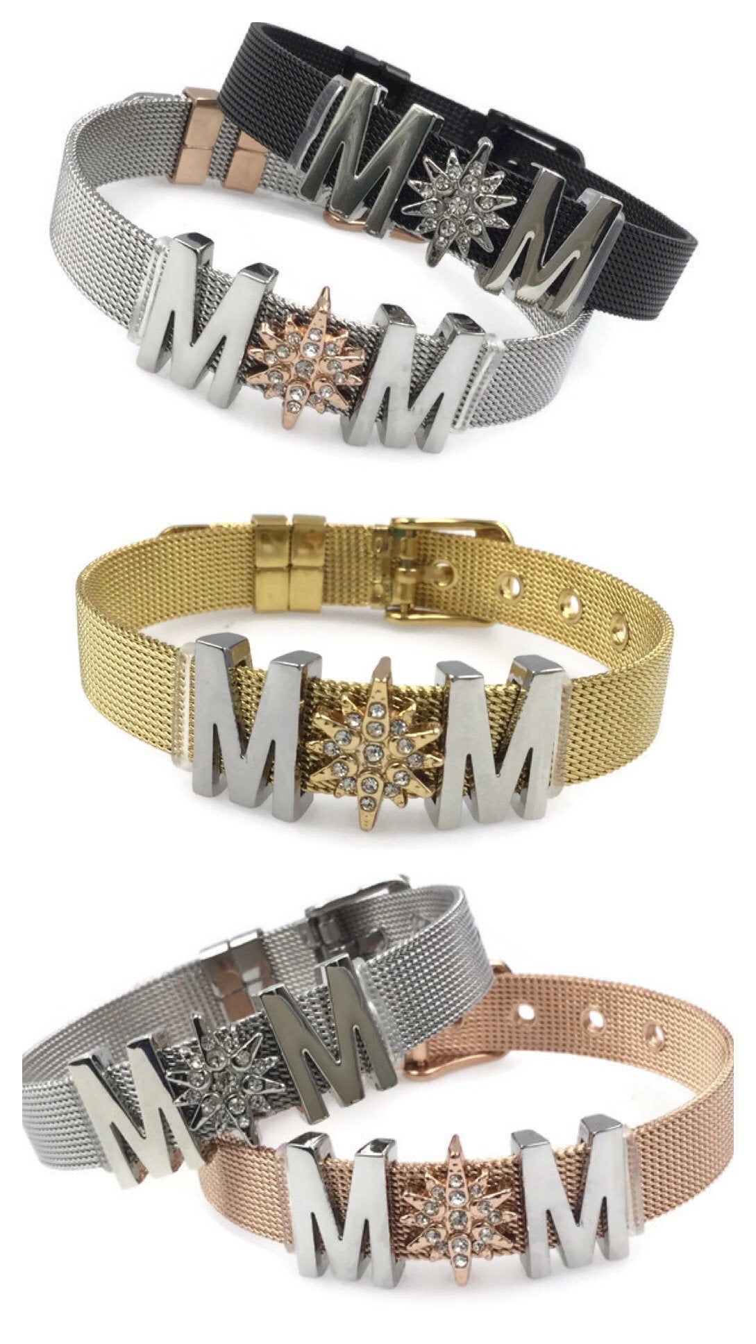 Stainless Steel Mesh Adjustable Wristband Bracelet 10mm North Star Mom Slide Charm - You Pick