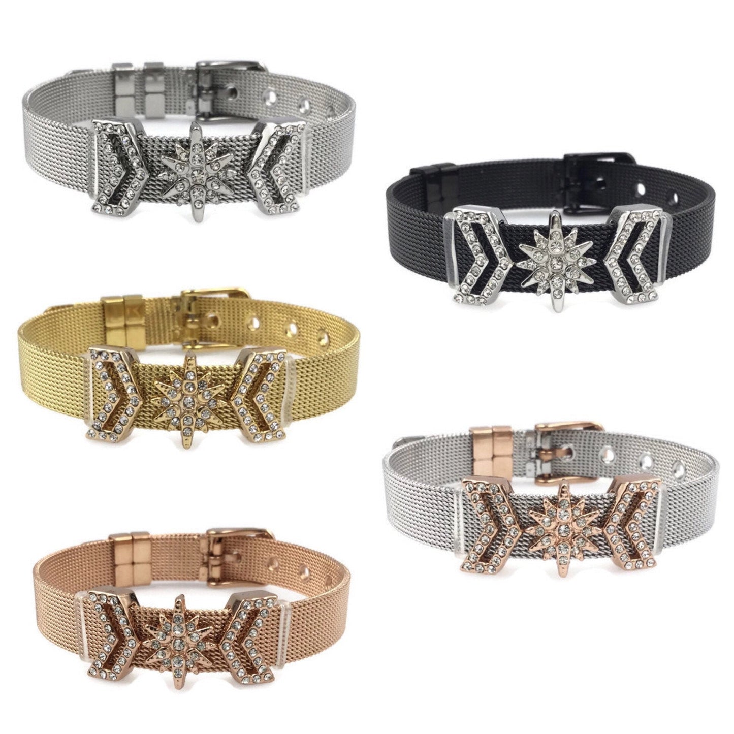 Stainless Steel Mesh Adjustable Wristband Bracelet 10mm North Star Invert V Slide Charm - You Pick