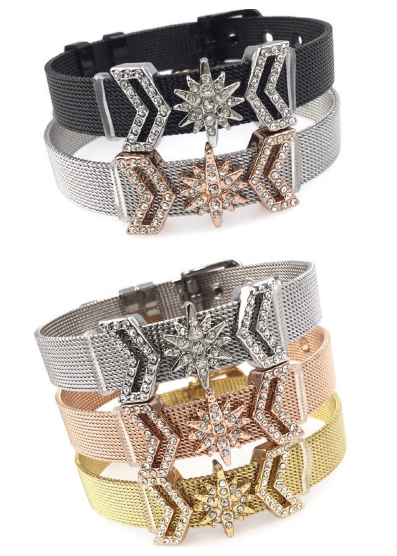 Stainless Steel Mesh Adjustable Wristband Bracelet 10mm North Star Invert V Slide Charm - You Pick