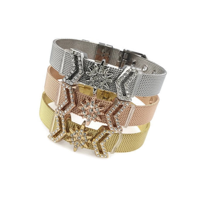 Stainless Steel Mesh Adjustable Wristband Bracelet 10mm North Star Invert V Slide Charm - You Pick