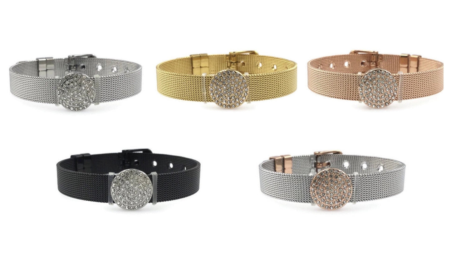 Stainless Steel Mesh Adjustable Wristband Bracelet 10mm with Rhinestones Disc Slide Charm - You Pick