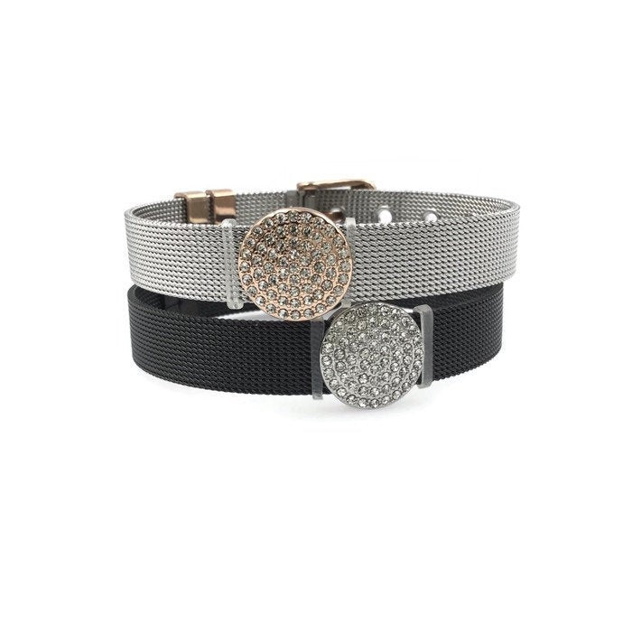 Stainless Steel Mesh Adjustable Wristband Bracelet 10mm with Rhinestones Disc Slide Charm - You Pick