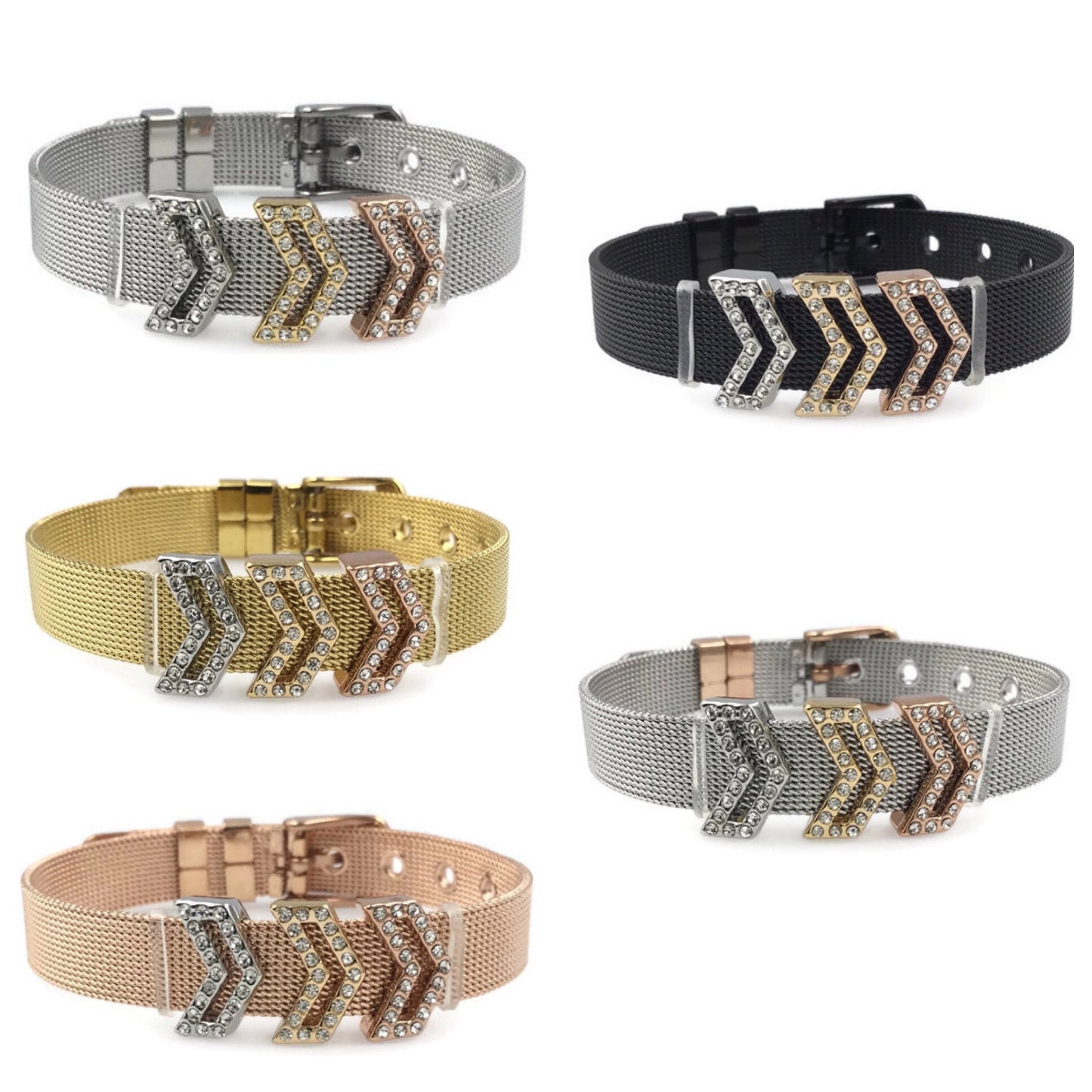 Stainless Steel Mesh Adjustable Wristband Bracelet 10mm 3 Chevron Sign Slide Charm - You Pick