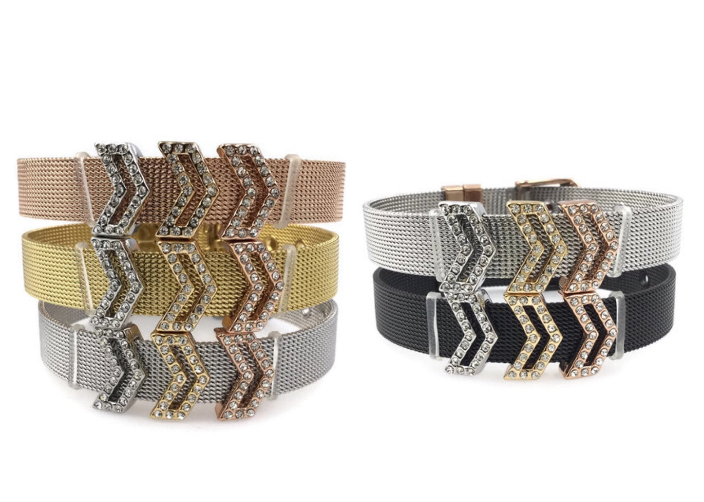 Stainless Steel Mesh Adjustable Wristband Bracelet 10mm 3 Chevron Sign Slide Charm - You Pick