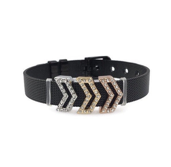 Stainless Steel Mesh Adjustable Wristband Bracelet 10mm 3 Chevron Sign Slide Charm - You Pick