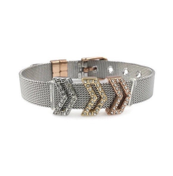 Stainless Steel Mesh Adjustable Wristband Bracelet 10mm 3 Chevron Sign Slide Charm - You Pick