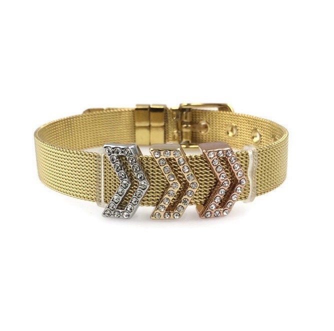 Stainless Steel Mesh Adjustable Wristband Bracelet 10mm 3 Chevron Sign Slide Charm - You Pick