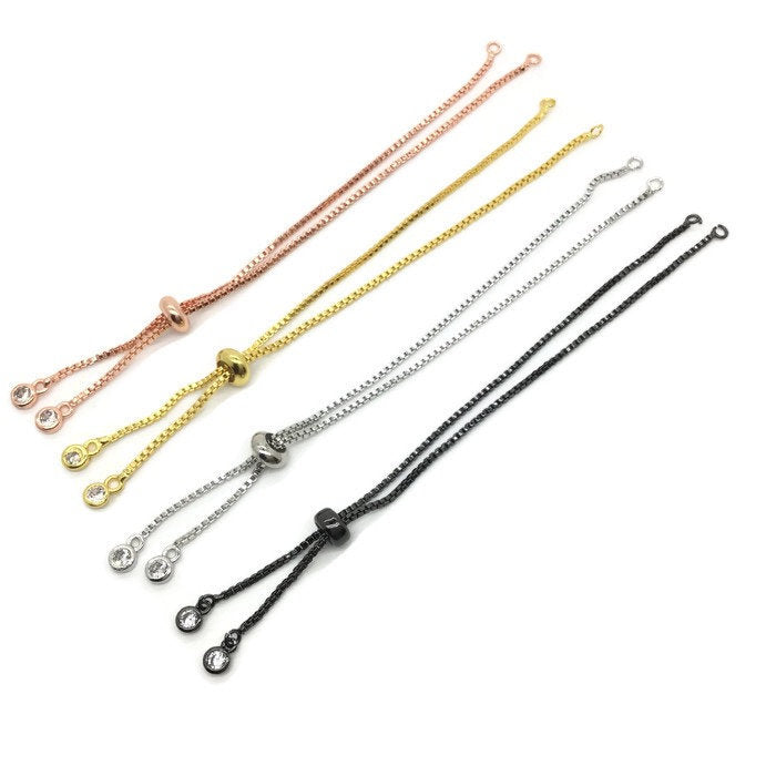 Bolo Bracelet Adjustable Brass High Quality Plated Box Chain Slider Clasp Stone Charm Dangling Semi Finished