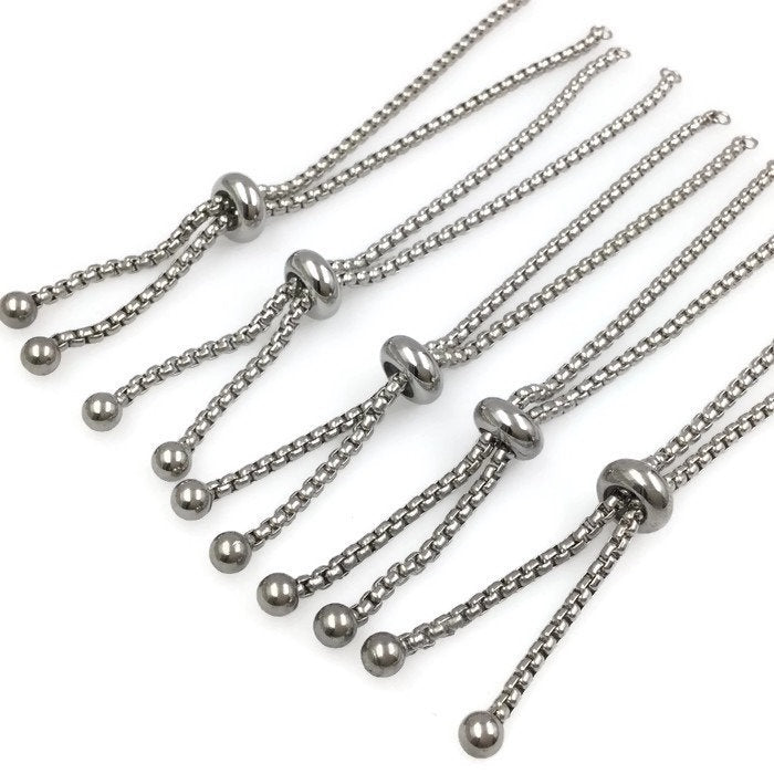 Bulk Adult Size Stainless Steel Bolo Bracelet Adjustable 2.5mm Round Box Chain Slider Clasp Semi Finished Ball End