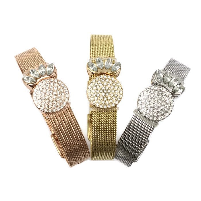 Stainless Steel Mesh Adjustable Wristband Bracelet 10mm with Rhinestosnes Pineapple Slide Charms - You Pick