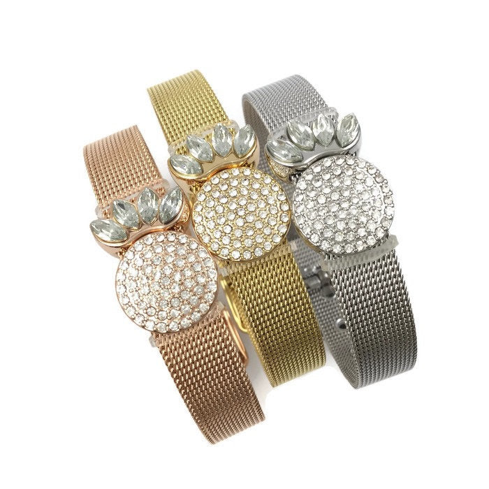 Stainless Steel Mesh Adjustable Wristband Bracelet 10mm with Rhinestosnes Pineapple Slide Charms - You Pick