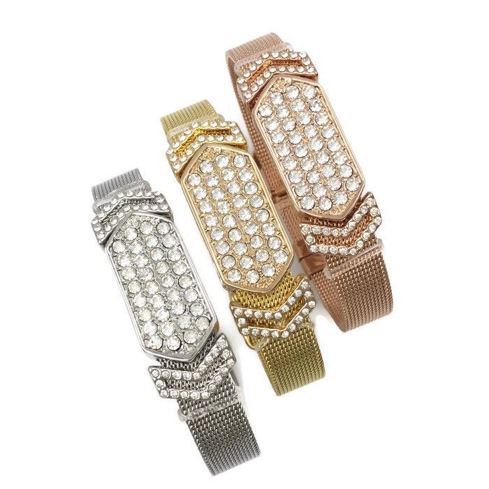 Stainless Steel Mesh Adjustable Wristband Bracelet 10mm Hexagon Bar Invert V Slide Charm - You Pick