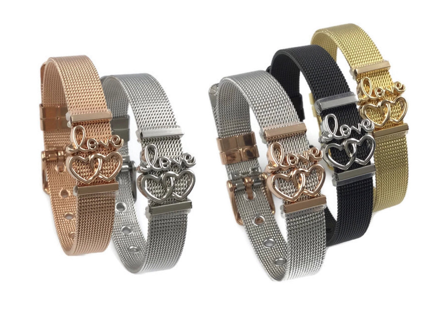 Stainless Steel Mesh Adjustable Wristband Bracelet 10mm Script Love Filigree Hearts - You Pick