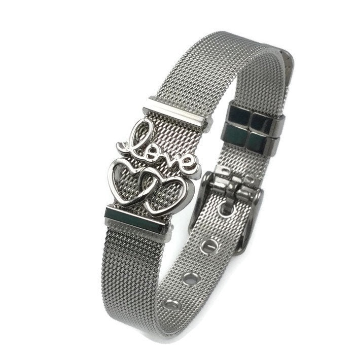 Stainless Steel Mesh Adjustable Wristband Bracelet 10mm Script Love Filigree Hearts - You Pick