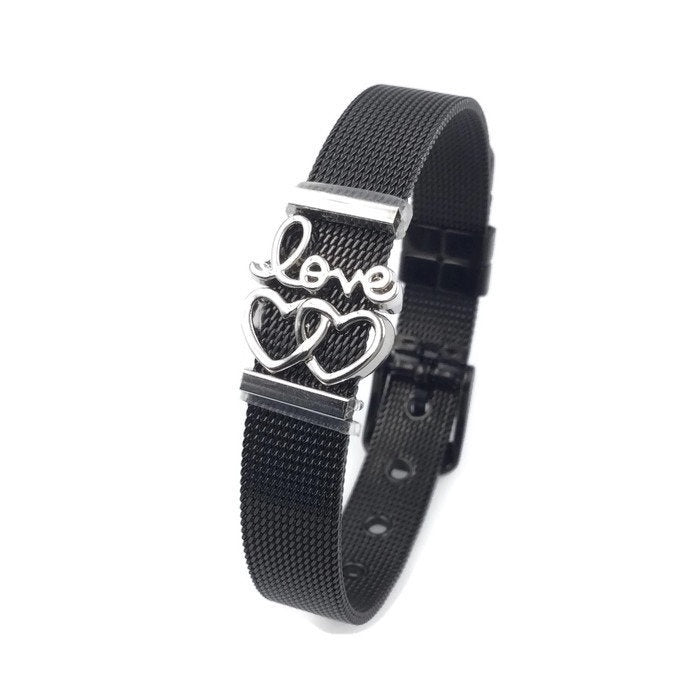 Stainless Steel Mesh Adjustable Wristband Bracelet 10mm Script Love Filigree Hearts - You Pick