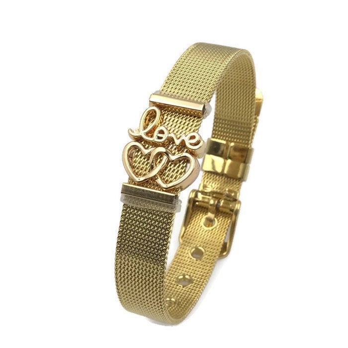 Stainless Steel Mesh Adjustable Wristband Bracelet 10mm Script Love Filigree Hearts - You Pick