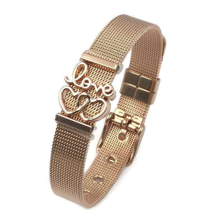 Stainless Steel Mesh Adjustable Wristband Bracelet 10mm Script Love Filigree Hearts - You Pick