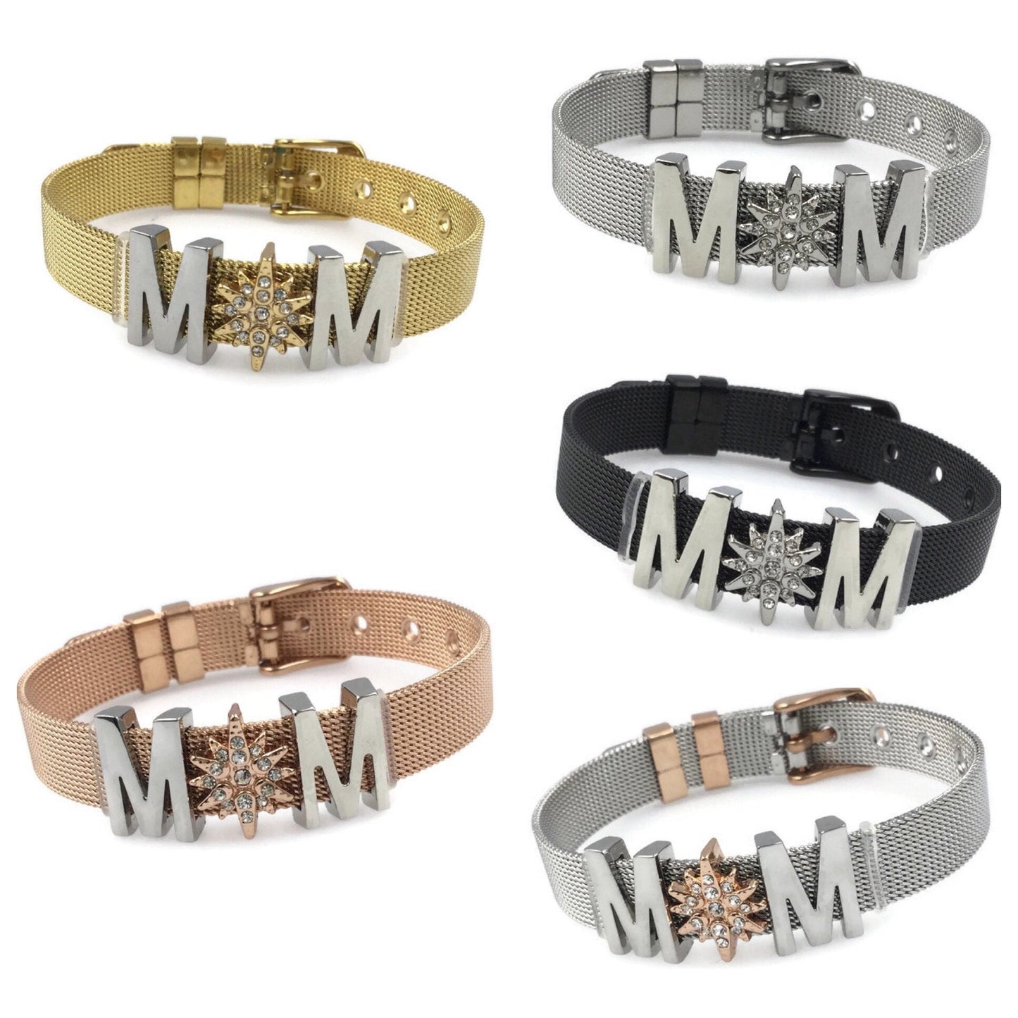 Stainless Steel Mesh Adjustable Wristband Bracelet 10mm North Star Mom Slide Charm - You Pick