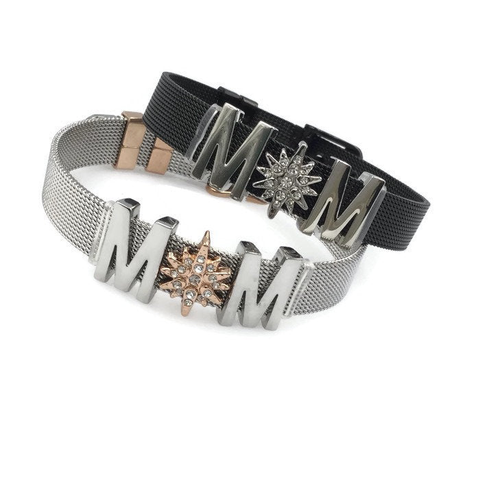 Stainless Steel Mesh Adjustable Wristband Bracelet 10mm North Star Mom Slide Charm - You Pick